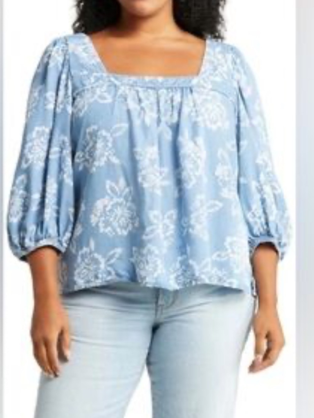 Small Caslon Blue White Floral Square Neck Chambray Top - Picture 2 of 13